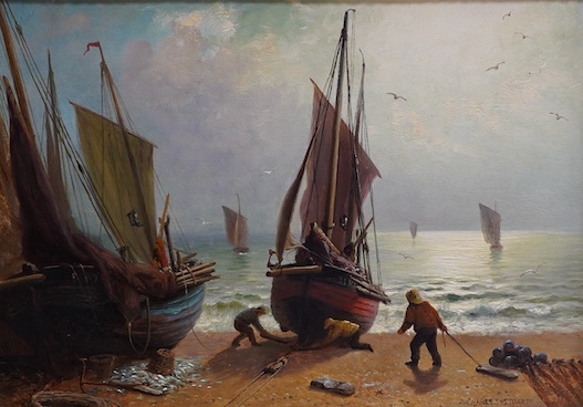 Charles Stuart, pair of oils on canvas, Coastal scenes with fishing boats, each signed and dated 1891, 24 x 34cm, ornate gilt framed. Condition - good